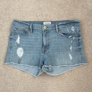 FRAME Le Cutoff Distressed Denim Shorts In Light Blue Cotton size 30